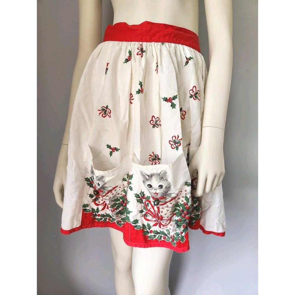Vintage Kittens Holiday Christmas Apron Cats Jingle Bells Pockets Half Waist Tie